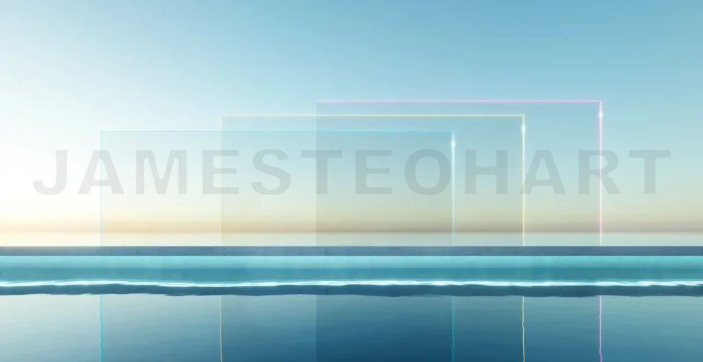 
3d rendering glass walls emerging from infinity pool at sunset