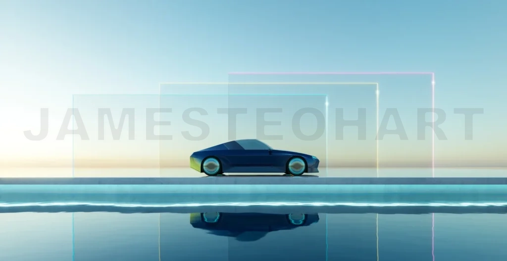 
3d rendering futuristic car parked by infinity pool with glass walls and neon lights
