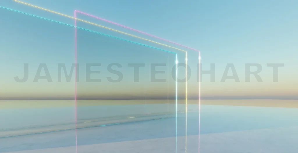 
3d rendering glowing neon lights framing glass walls overlooking tranquil lake at sunset