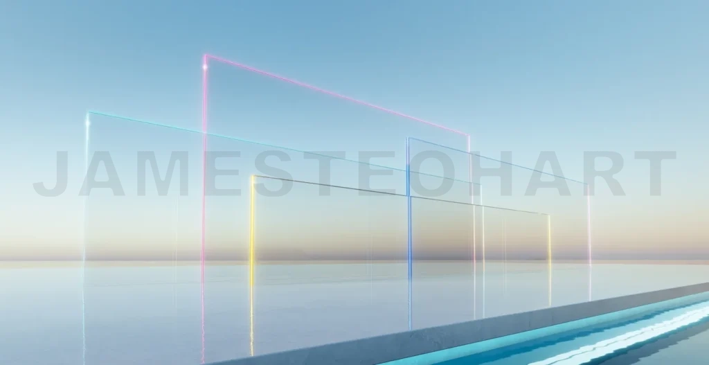 
3d rendering glowing glass walls rising from water surface at sunset