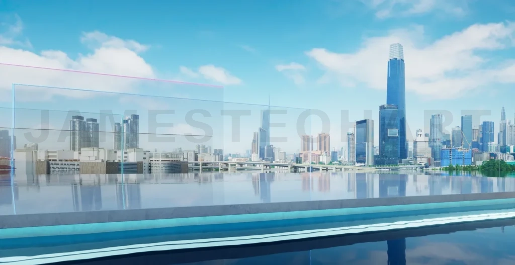 
3d rendering infinity pool overlooking vibrant cityscape with glass wall and cement floor