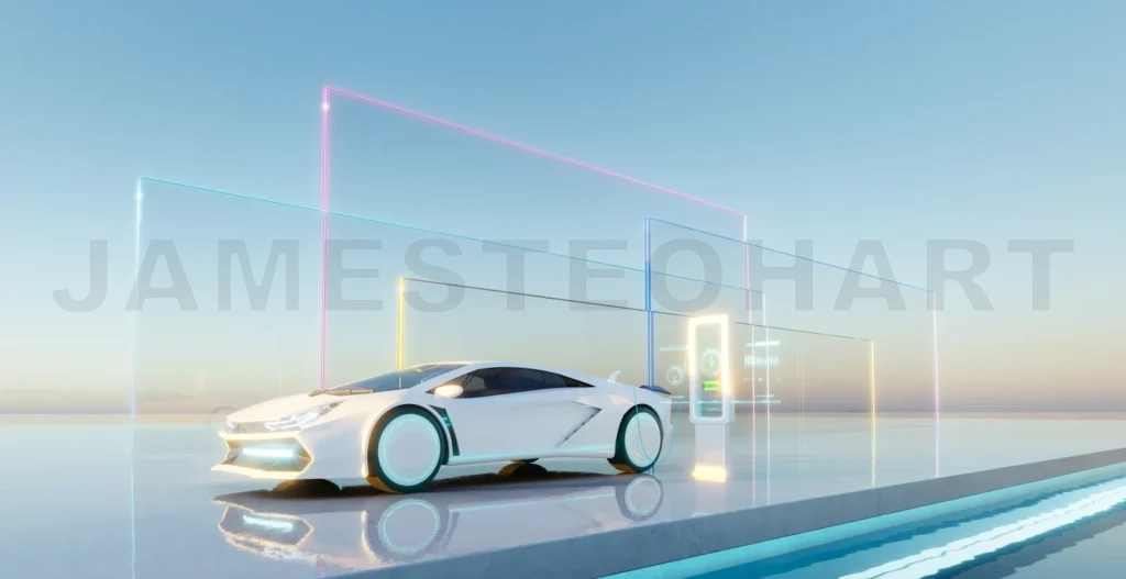 
3d rendering futuristic electric car charging at futuristic station by the lake at sunset