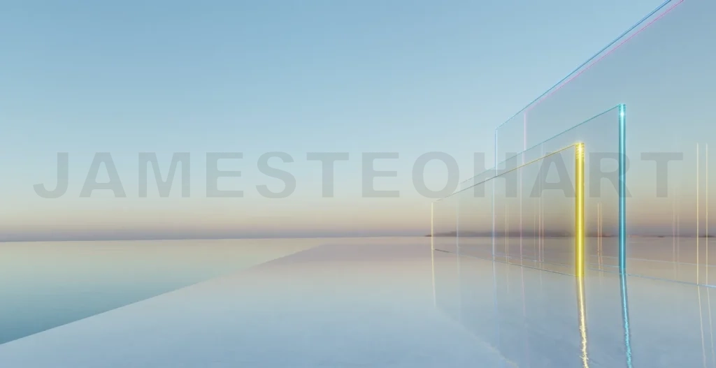 
3d rendering abstract glass panels reflecting light over calm sea
