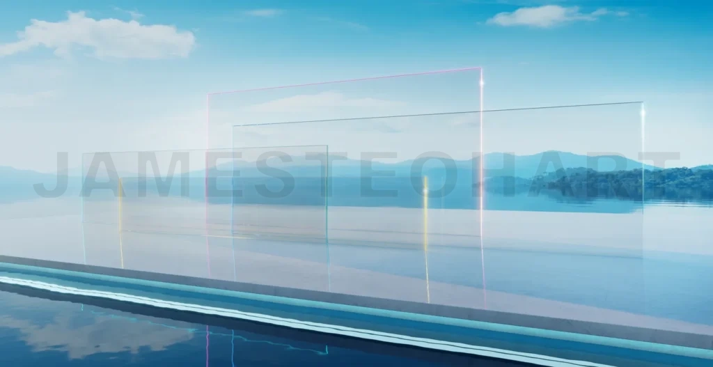 
3d rendering glass panes with neon glowing edges on infinite pool