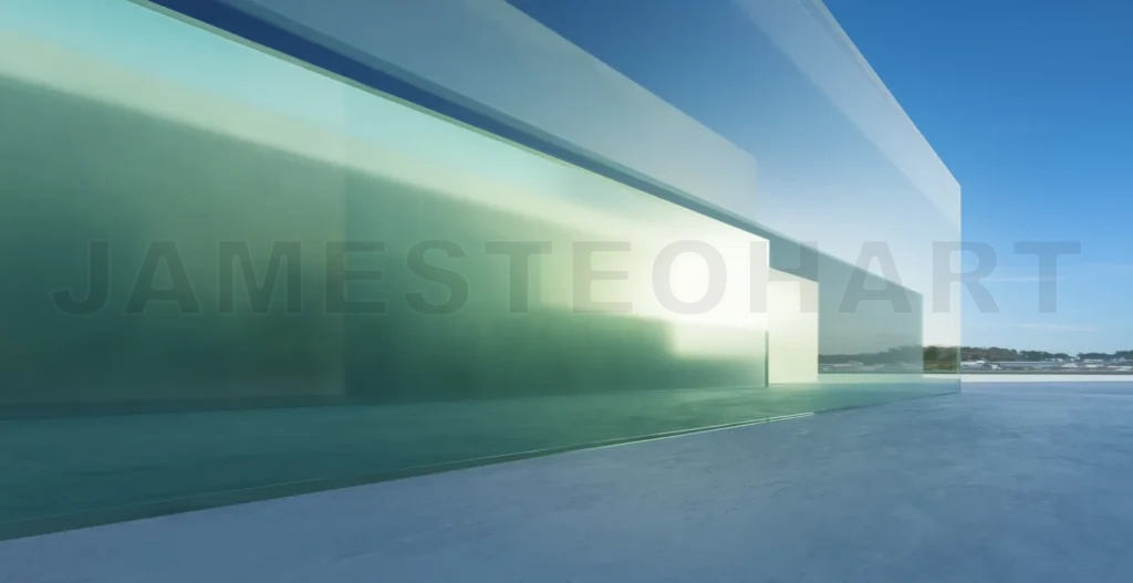 
3d rendering modern glass building reflecting sunlight on concrete floor