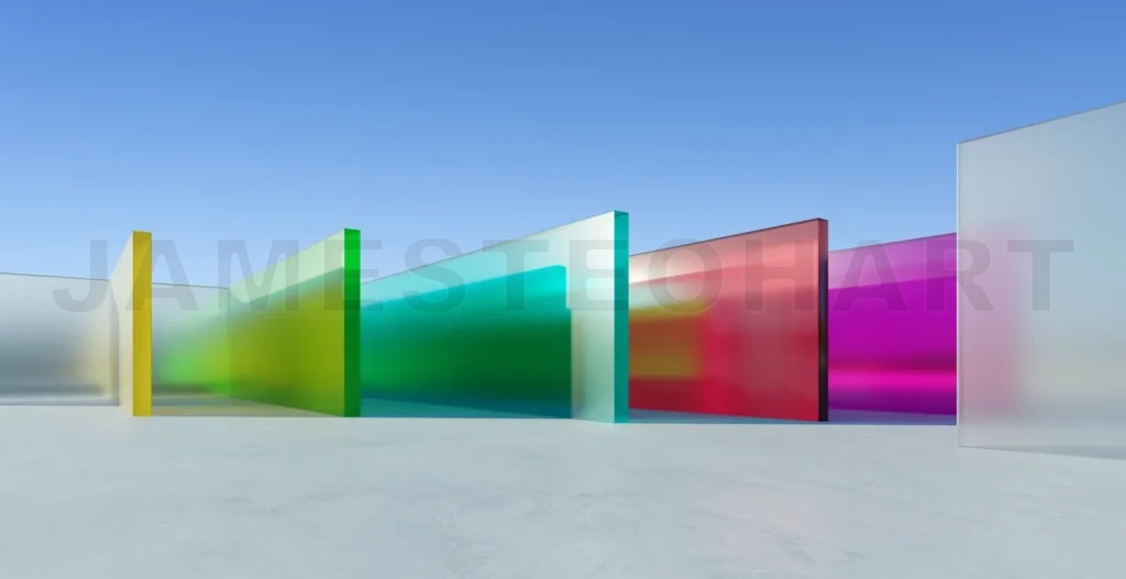 
3d rendering colorful glass panels creating a vibrant path under blue sky: 3d rendering
