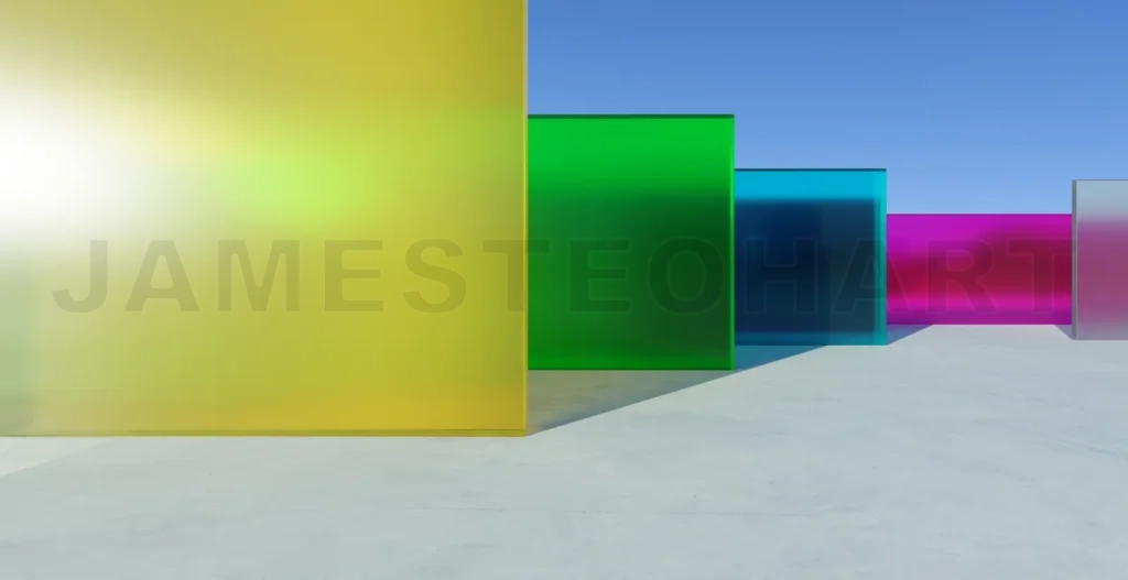 
3d rendering colorful glass panels rising from concrete floor under blue sky