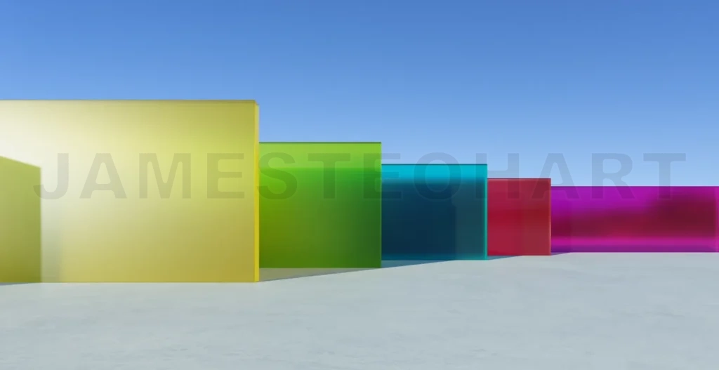 
3d rendering colorful glass panels rising on concrete under blue sky: 3d rendering