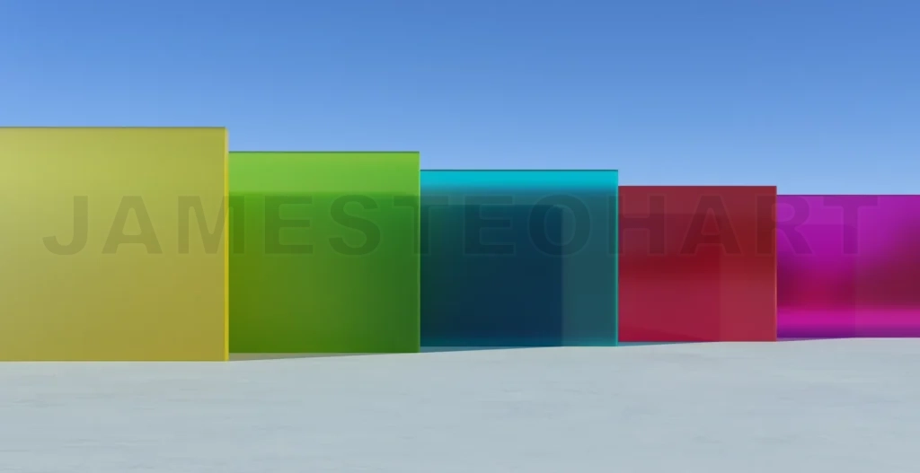 
3d rendering colorful glass panels creating a vibrant modern architectural design under blue sky