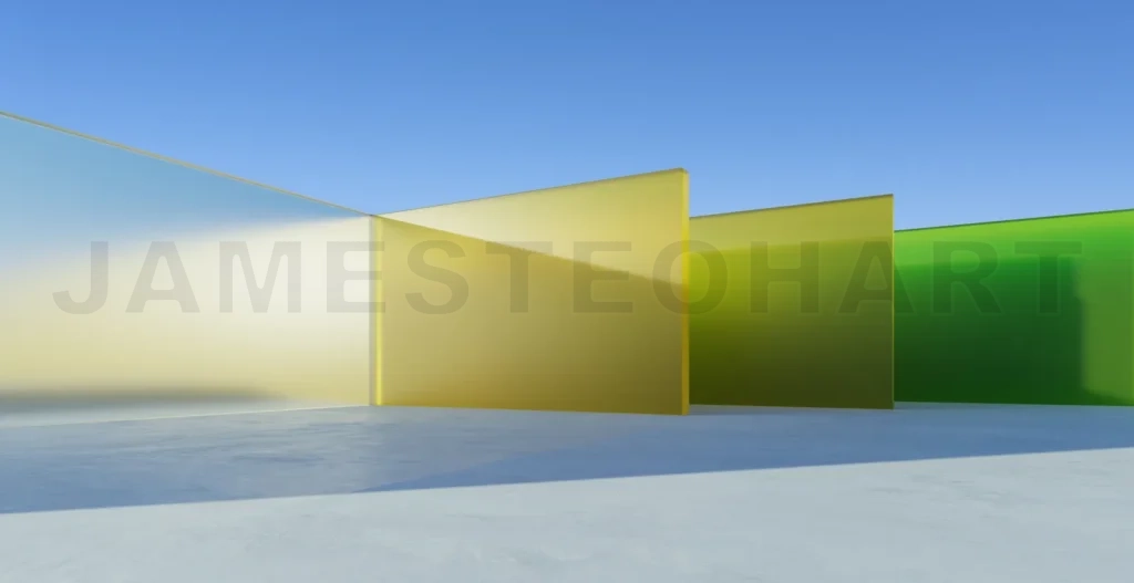 
3d rendering colorful glass panels stand on a concrete floor, casting shadows under a clear blue sky