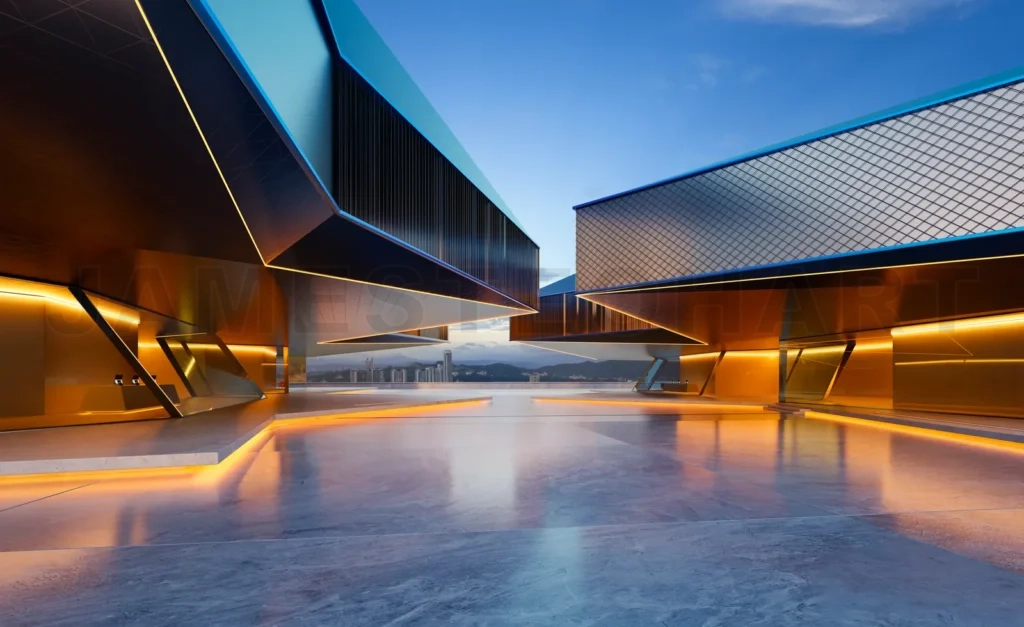 
3d rendering of a futuristic plaza surrounded by angular modern buildings at sunset