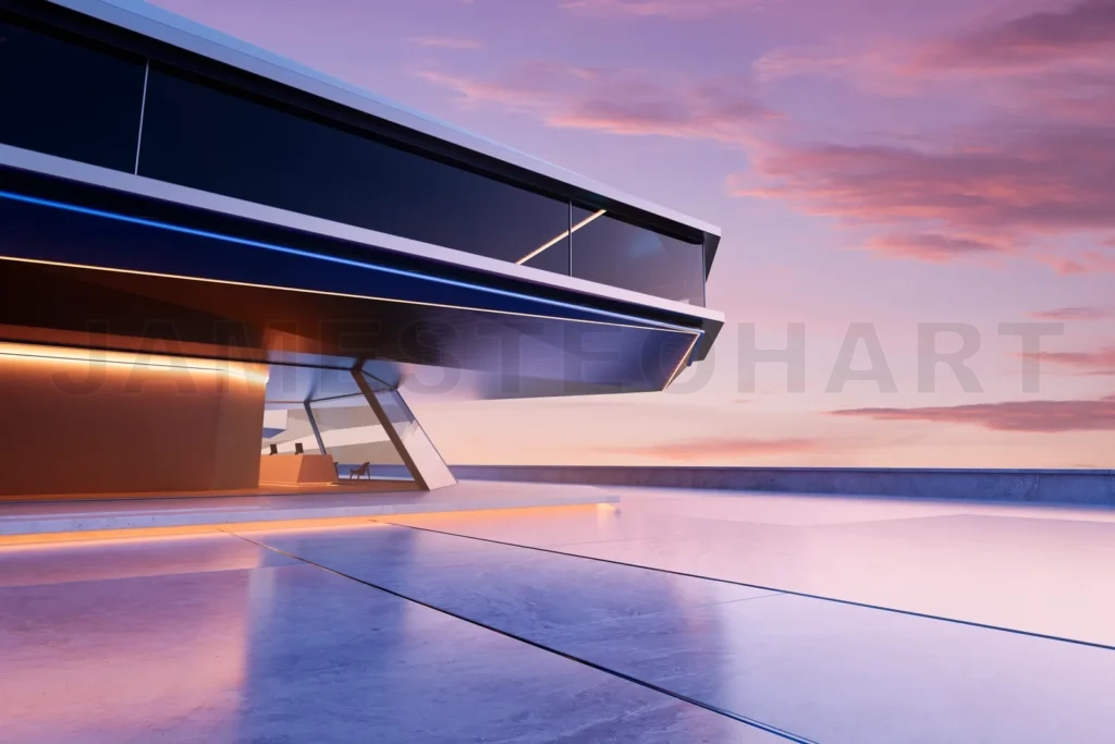 
Modern empty building with futuristic design at sunset 3d rendering