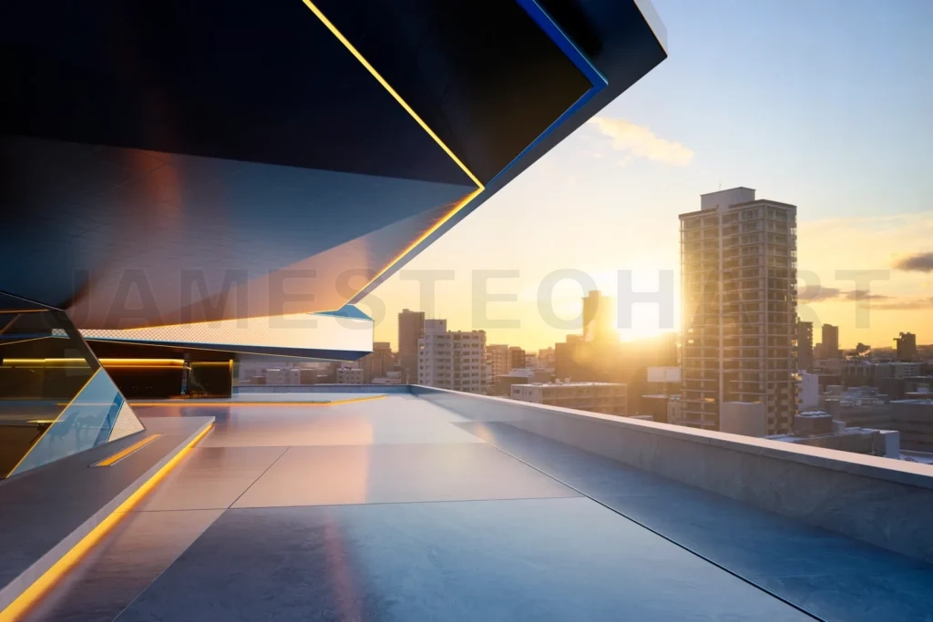 
3d rendering of a futuristic building overlooking city at sunset with golden lighting