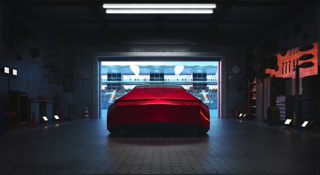 
3D Red sports car parked in garage facing crowded stadium getting ready for race