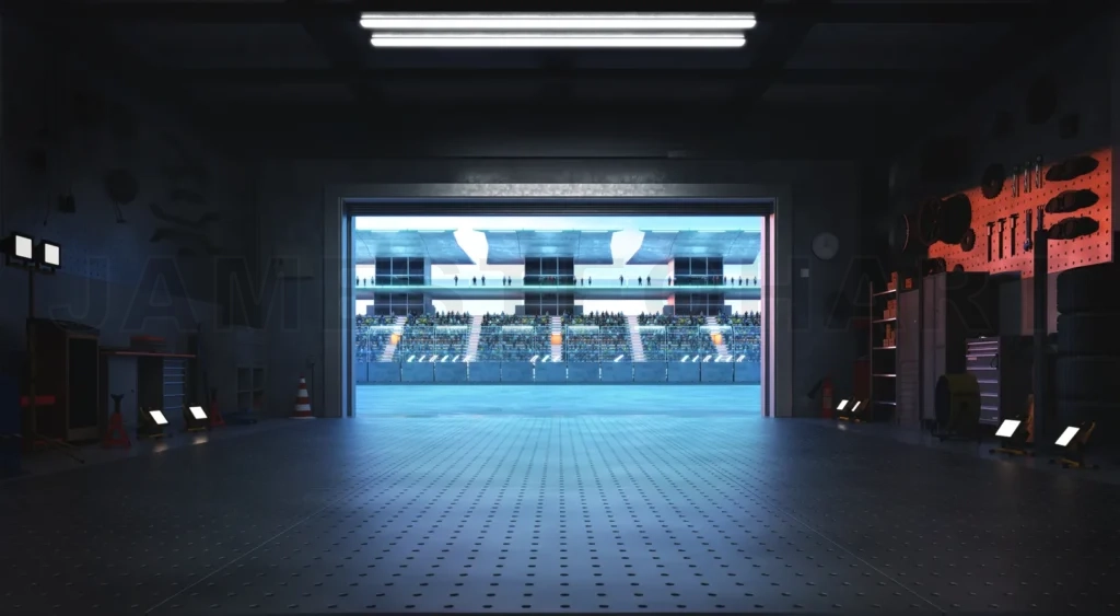 
3D Garage opening onto a crowded stadium during a sporting event