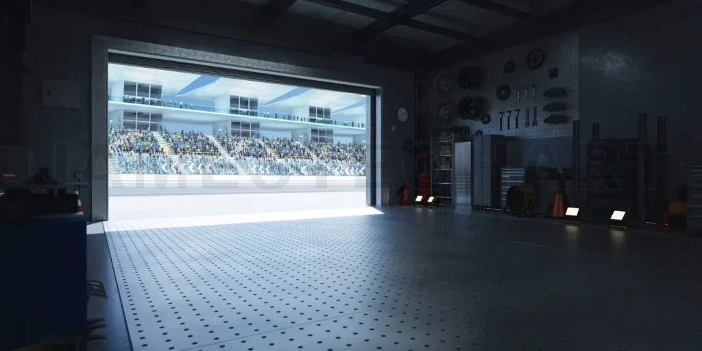 
3D Motorsport garage opening onto a crowded stadium during race day