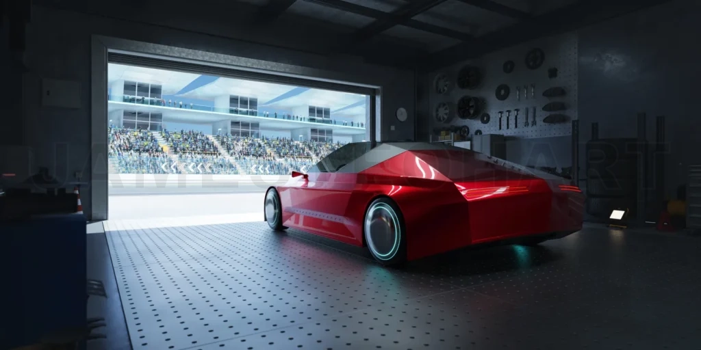 
3D Red electric car exiting garage to packed stadium for race day