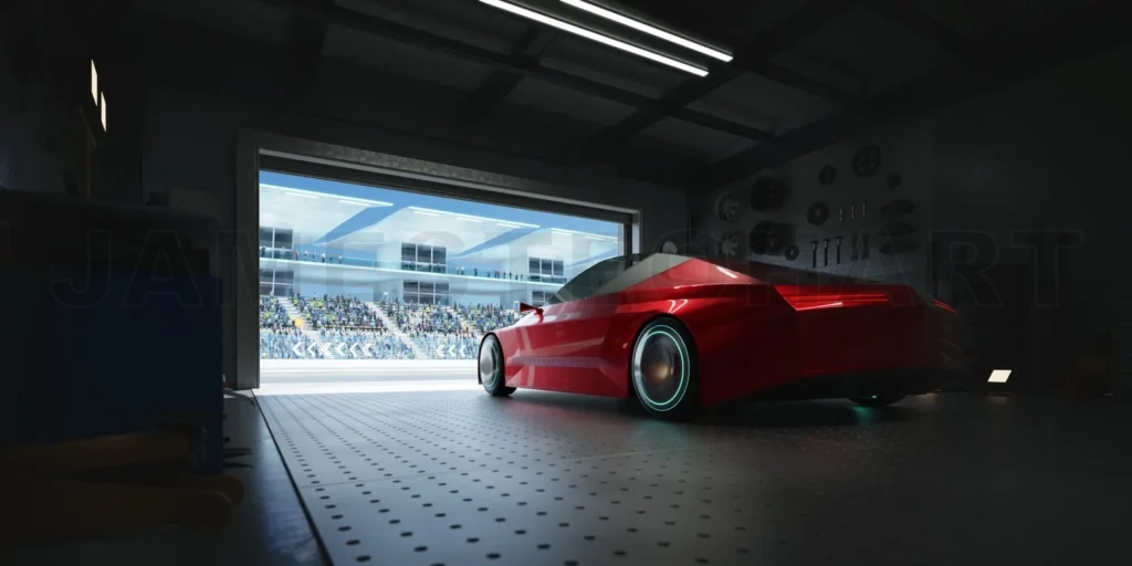 
3D Red sports car exiting garage into stadium with spectators watching