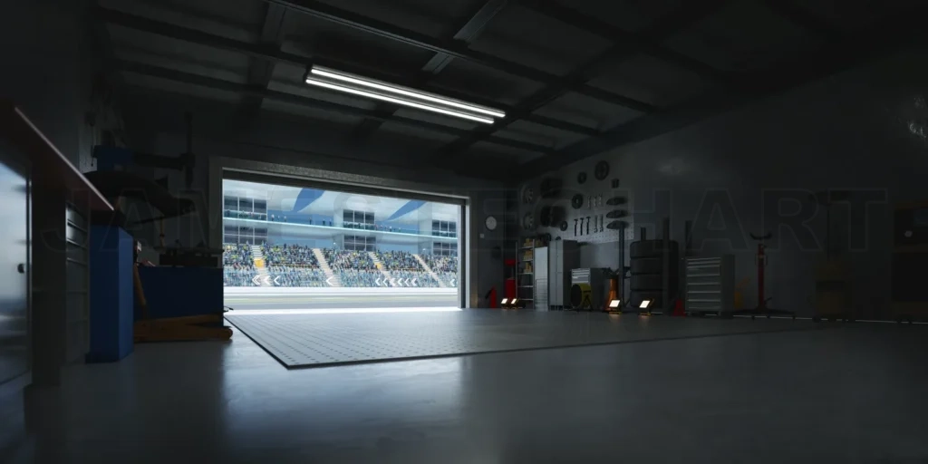 
3D Motorsport pit garage overlooking crowded stadium with open roller door