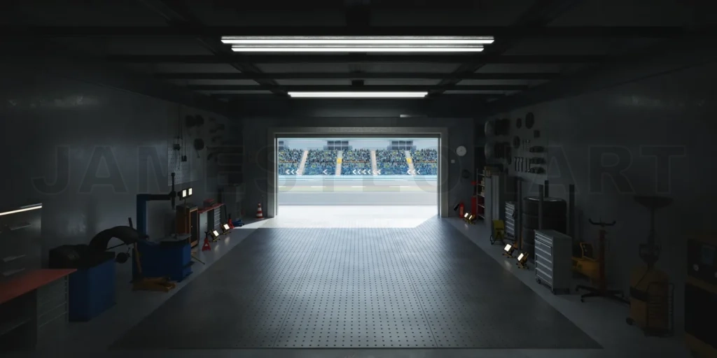 
3D Garage opening onto a racing circuit with grandstands and spectators