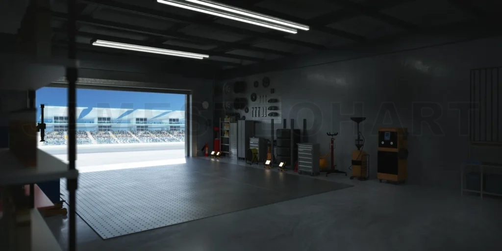 
3D Motorsport pit garage overlooking empty race track with spectators waiting