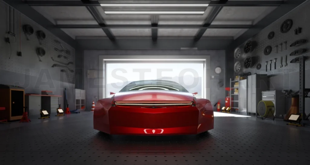 
3D Red sportscar parked inside garage ready for maintenance repair or customization