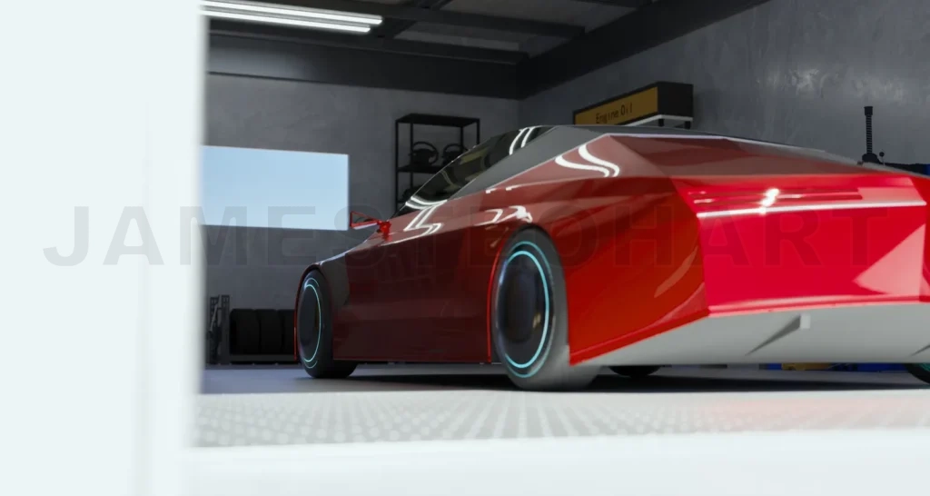 
3D Red electric sportscar parked inside modern garage