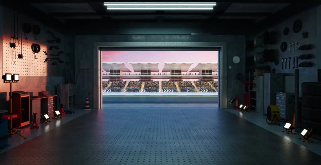 
3D Racing track seen from inside garage at sunset with crowds cheering