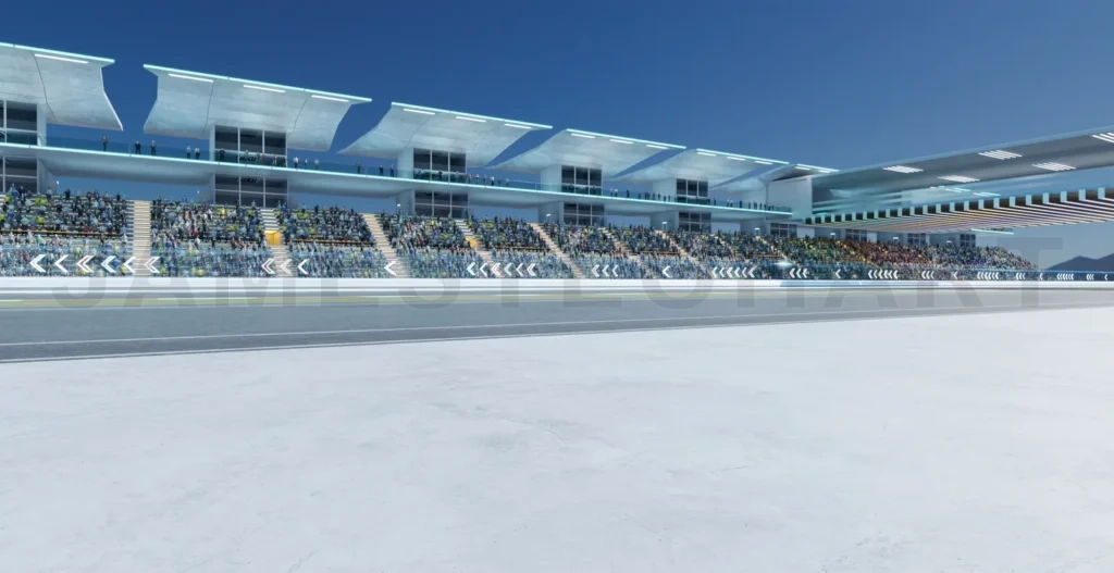 
3D Spectators filling bleachers at modern racetrack on sunny day