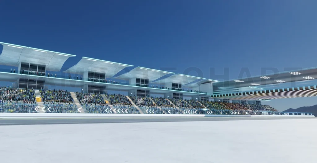
3D Spectators filling bleachers at modern racetrack on sunny day