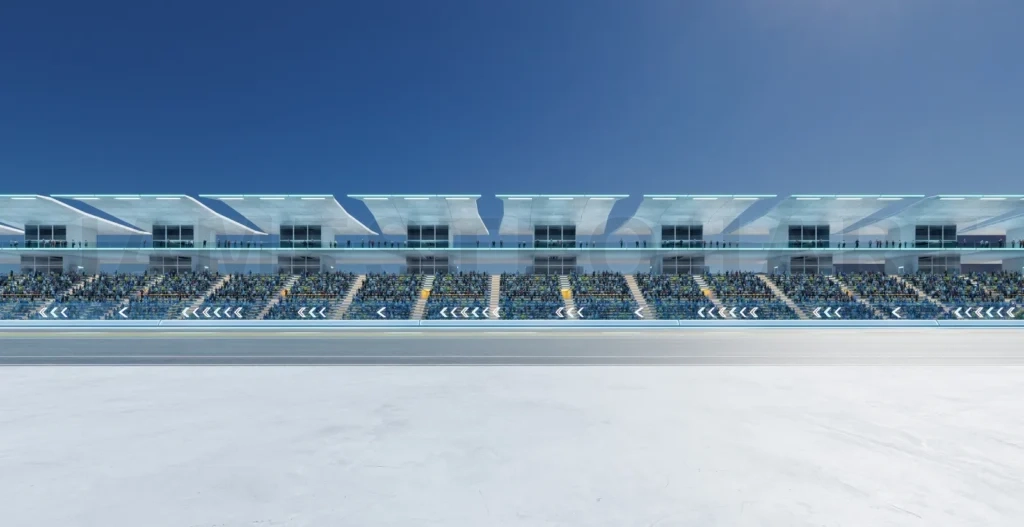 
3D Spectators filling bleachers at modern racetrack on sunny day
