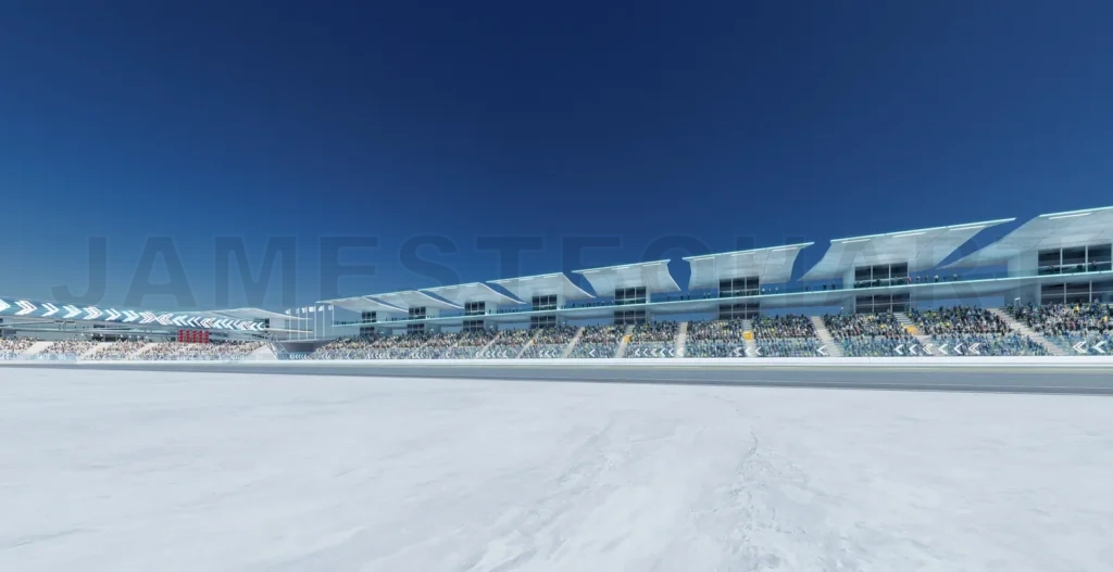 
3D Spectators waiting at the start line of formula car race track