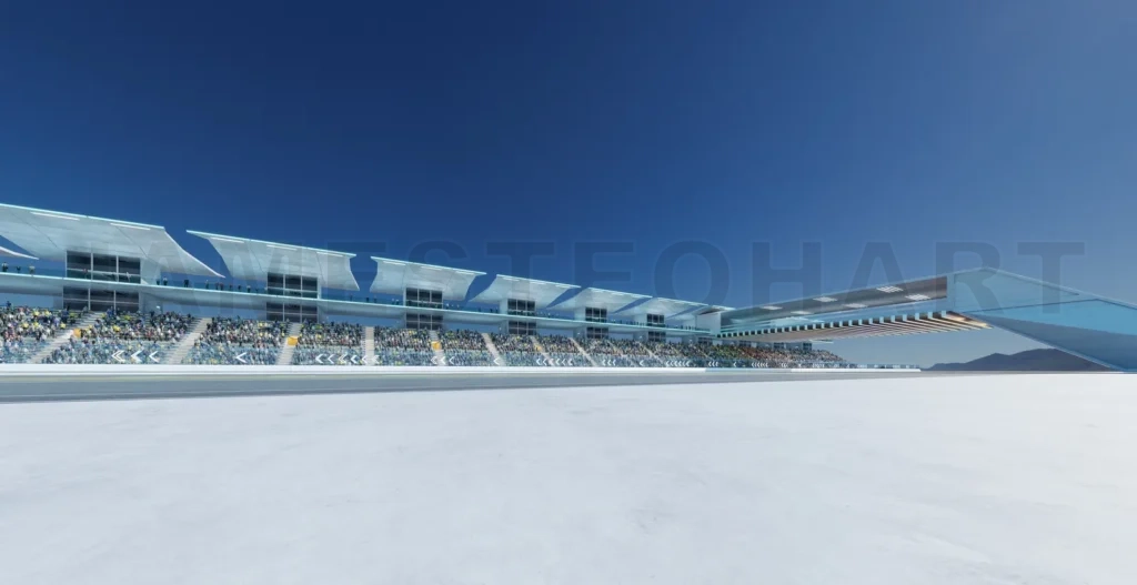 
3D Spectators filling bleachers at modern racetrack on sunny day