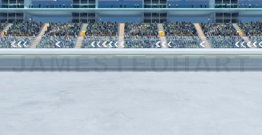 
3D Empty racetrack with crowded grandstands waiting for race start