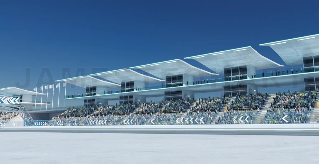 
3D Spectators waiting at the starting line of futuristic racetrack