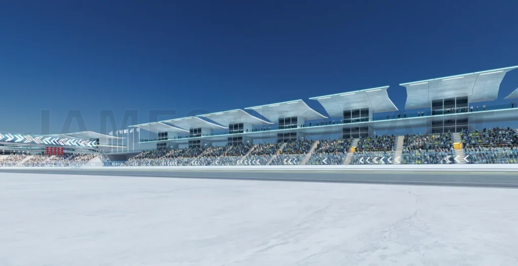 
3D Spectators watching race at modern racetrack on sunny day