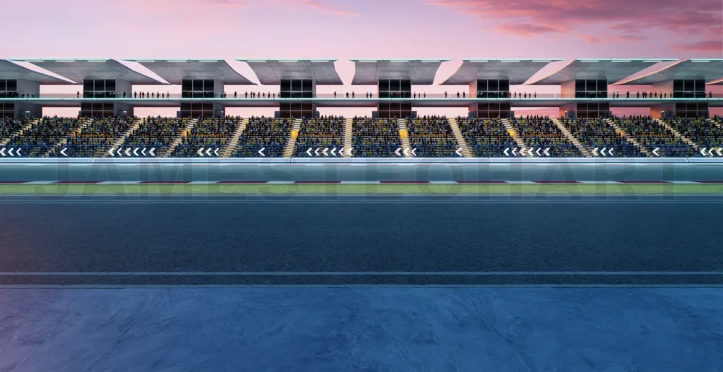 
3D Empty race track awaiting race cars at dusk with crowds cheering