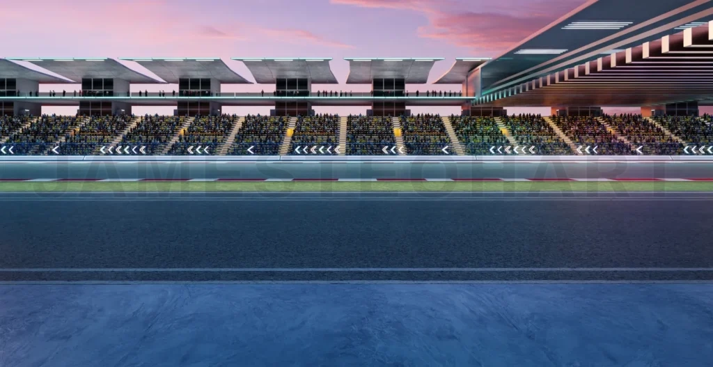 
3D Large crowd watching a motorsport race on a modern racetrack at dusk