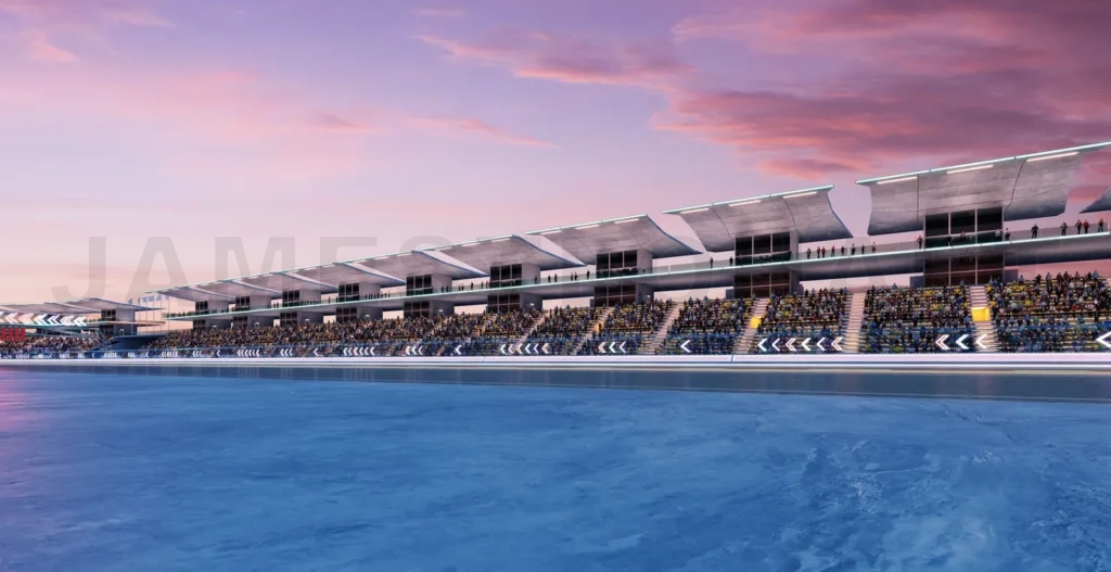 
3D Spectators watching race at modern racetrack on sunset