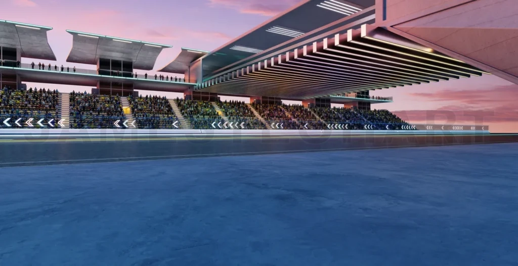 
3D Spectators filling bleachers at modern racetrack during sunset
