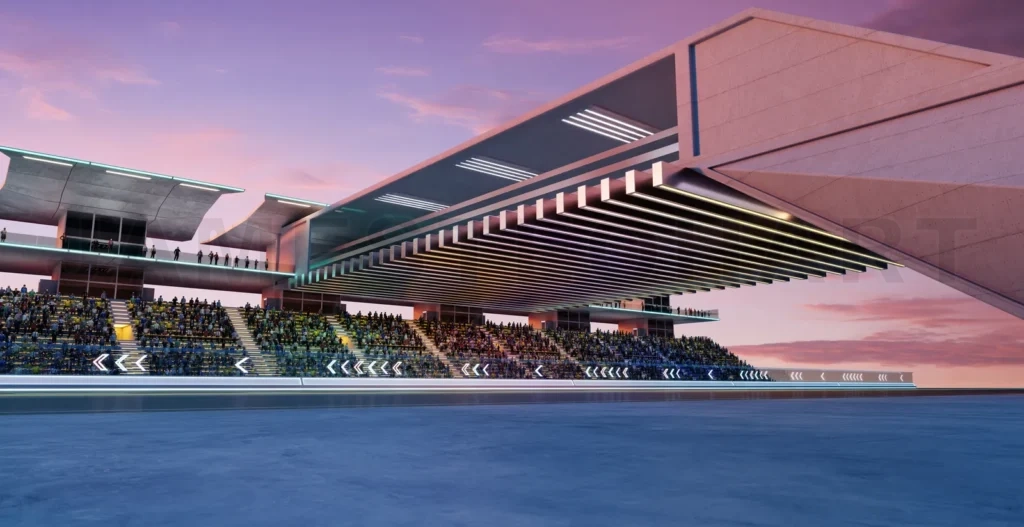 
3D Futuristic racetrack with spectators at sunset with modern grandstand architecture