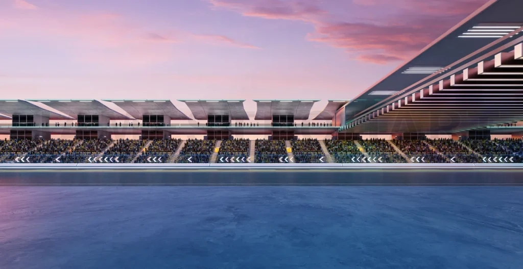 
3D Spectators filling bleachers of modern racetrack at sunset