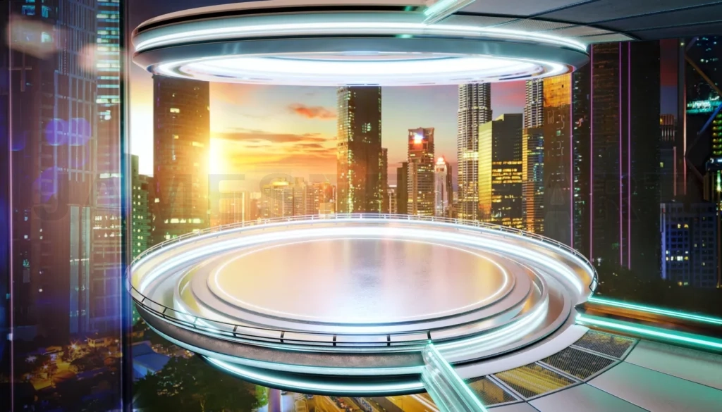 
Futuristic cityscape with glowing ufo-like platform