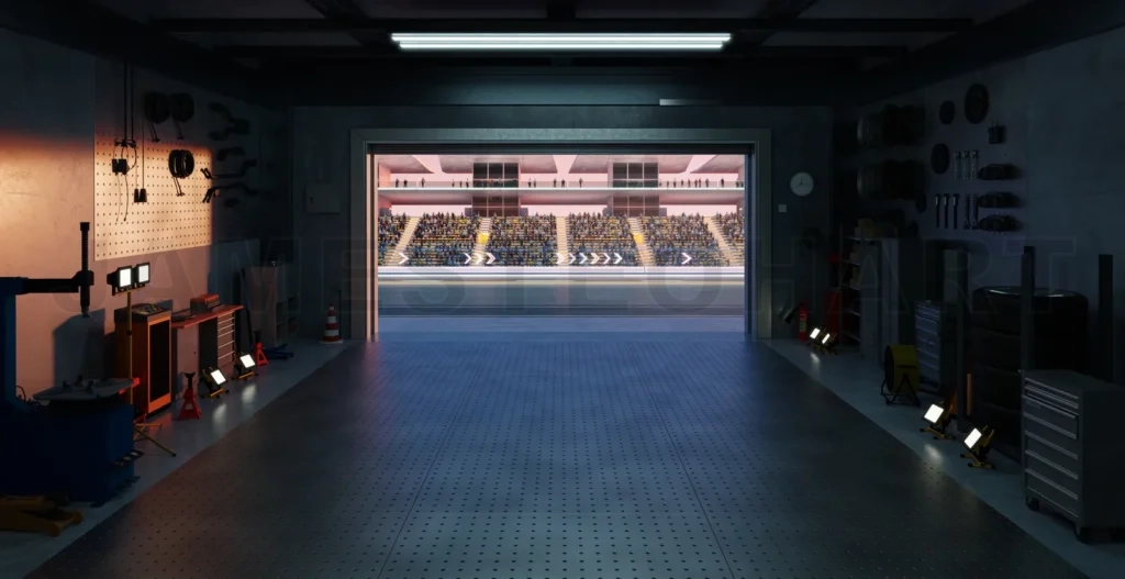 
3D Garage opening onto a crowded stadium during a race event