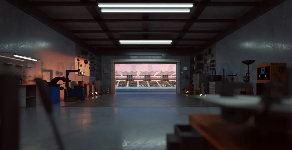 
3D Garage opening onto stadium with open roller door at sunset