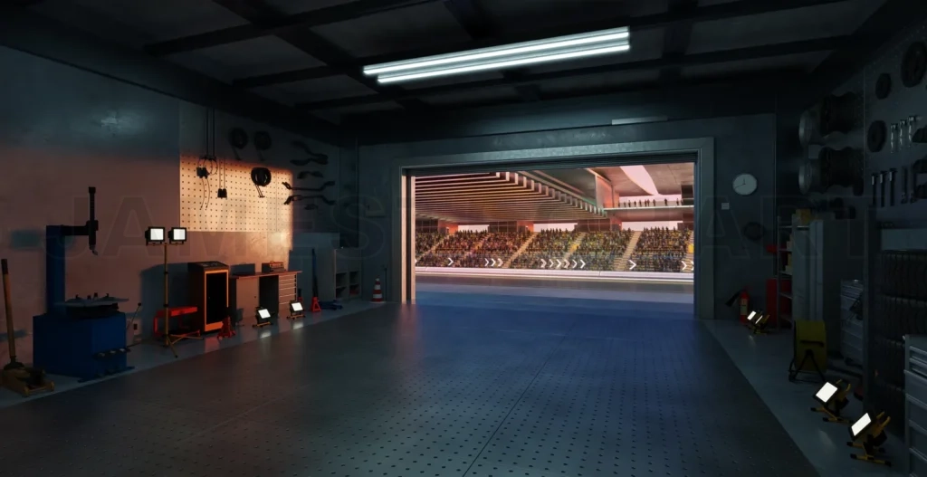 
3D Garage opening onto a crowded stadium at sunset: futuristic motorsport concept