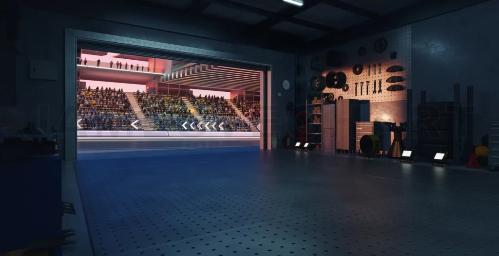 
3D Racing stadium seen from garage with open roller door