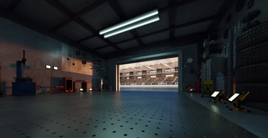 
3D Garage opening onto a crowded stadium at sunset: motorsport pit stop