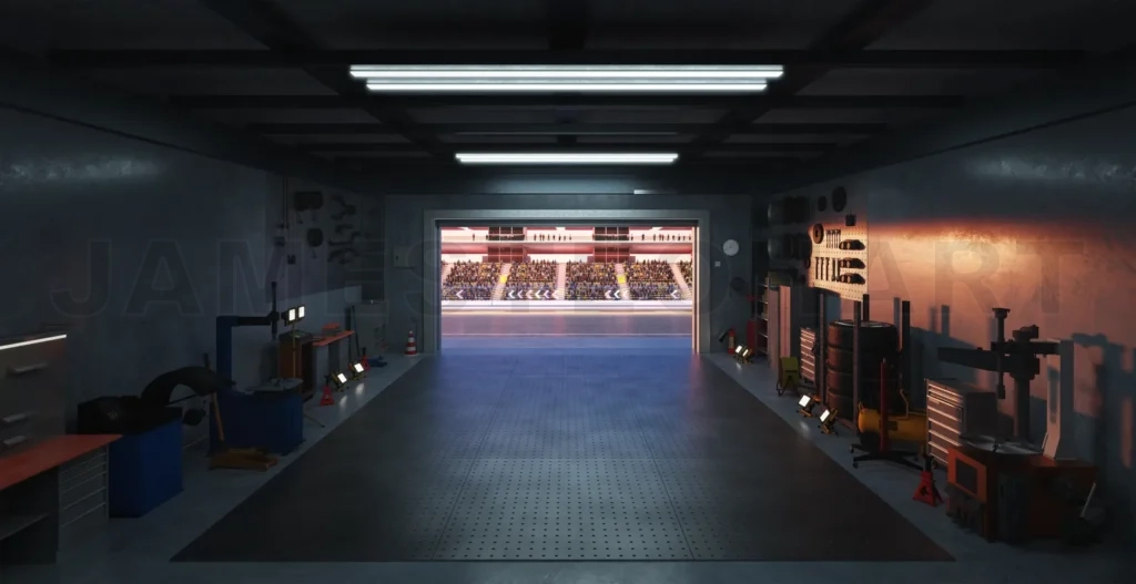 
3D Garage opening onto a stadium with spectators watching a race