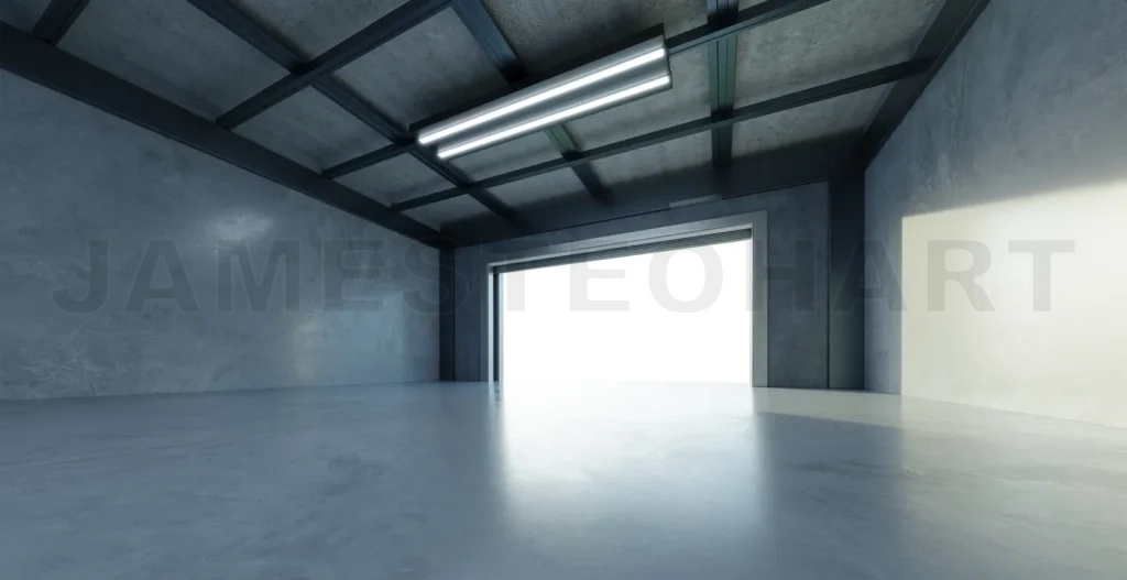 
3D Empty garage interior with open roller door revealing bright light